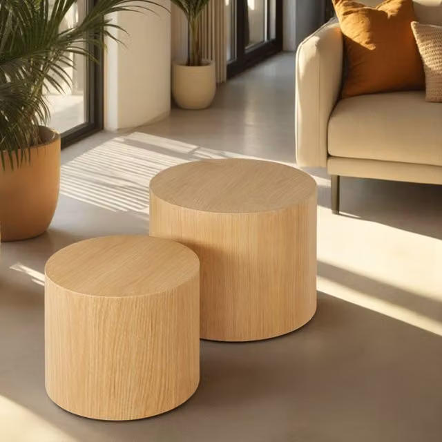 Juego de 2 mesas auxiliares redondas Tectake en acabado roble con superficie de MDF laminado en color marrón y beige