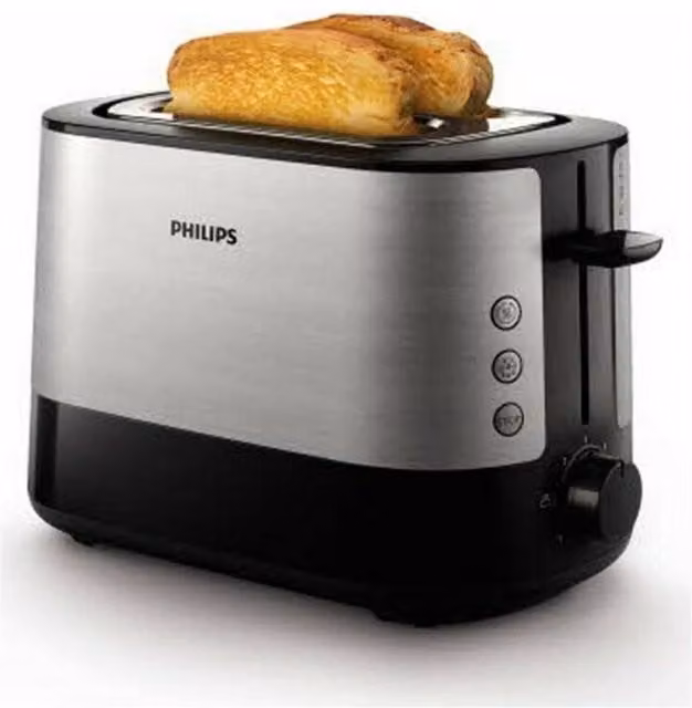 Tostadora Philips Viva Collection HD2637/90 de 950 W en color negro y plata con acabado en acero inoxidable y almacenamiento de cable