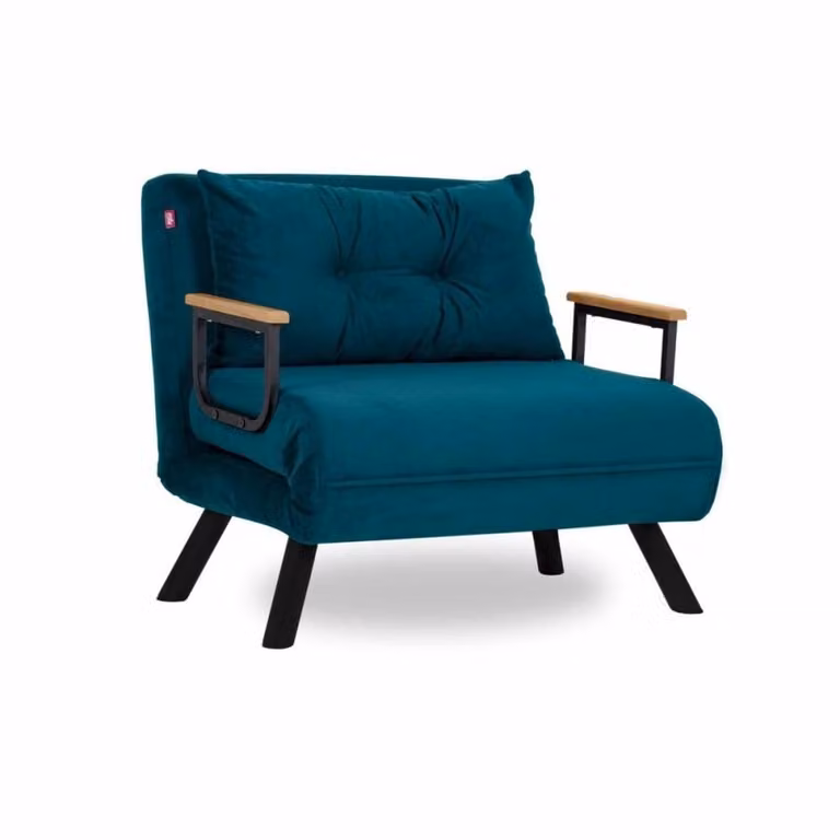 Sillón cama Calicosy de tela color petrol con estructura de metal y madera de haya