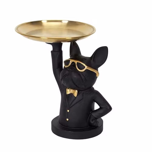 Escultura Bulldog Vaciabolsillos Moderno HOME DECO FACTORY en Negro y Dorado para Decoración de Mesa