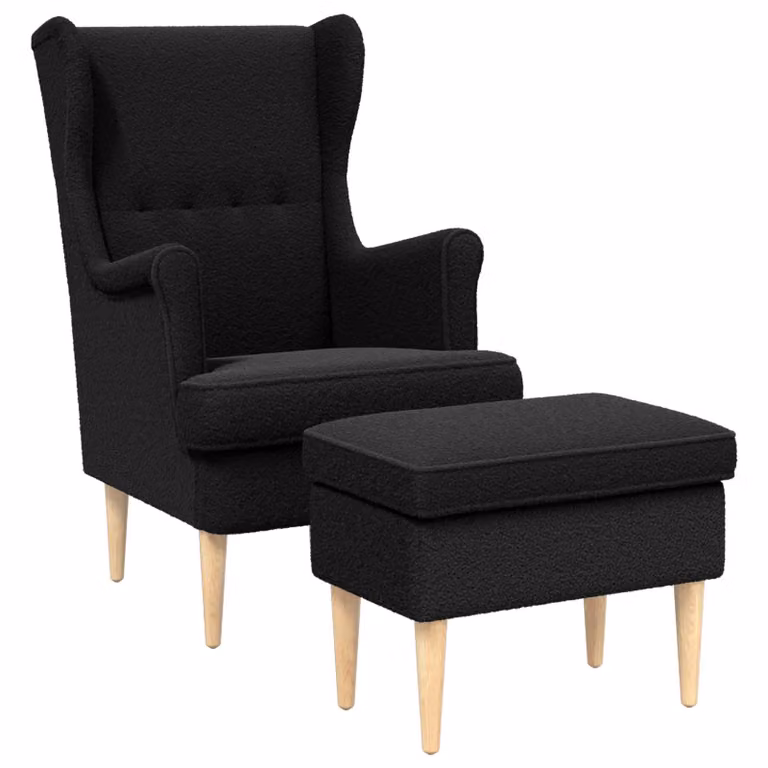 Set de sillón con pouf vidaXL en tejido bouclé negro y estructura de madera de caucho