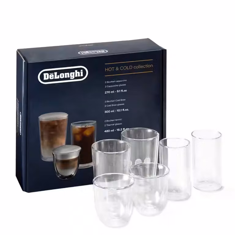 Juego de vasos De'Longhi Colección Hot&Cold con 2 vasos de cappuccino, 2 vasos de cold brew y 2 vasos térmicos de doble pared en cristal transparente DLSC326