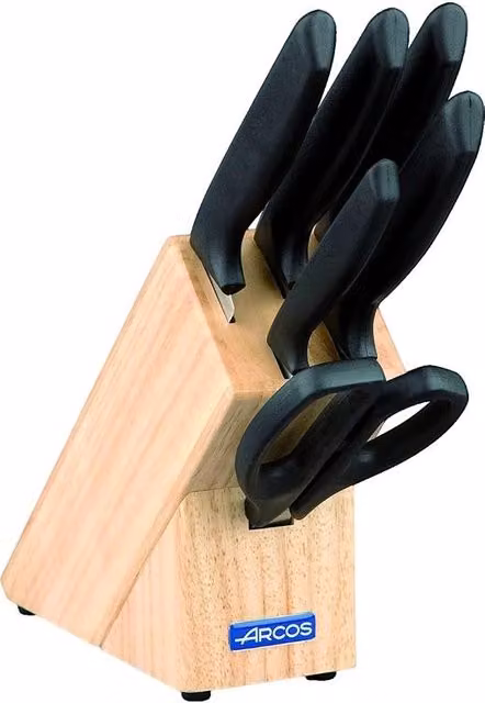 Set de 6 piezas Arcos Niza 136100 con taco negro, 5 cuchillos de acero inoxidable Nitrum y tijeras con mango de polipropileno