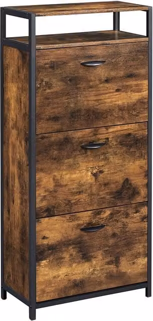 Mueble zapatero SONGMICS de estilo industrial con puertas abatibles, estantes internos, color marrón y negro, An/P/Al: 60 x 30 x 130 cm