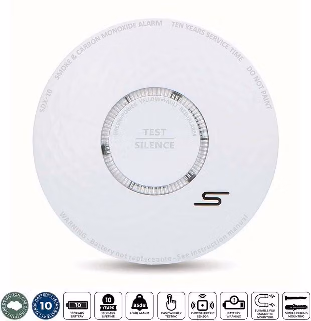 Detector de humo y monóxido de carbono Alecto con batería de 10 años y alarma de 85 dB en color blanco