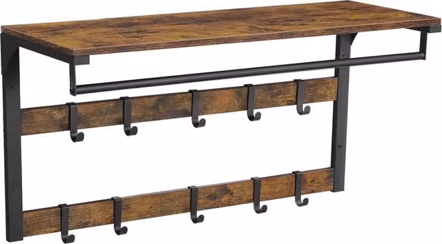 Perchero de pared VASAGLE con 10 ganchos extraíbles y barra de colgar, color marrón y negro