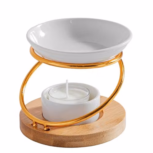 Quemador de aromas Hula de ZEN ARÔME en metal, cerámica blanca y madera, estilo minimalista, Altura: 10,5 cm