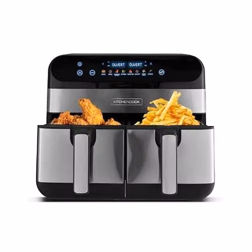 Freidora de aire KitchenCook AIRFLOW 9 de doble cesta con tecnología dual zone, 9 l, color plata y acabado en acero inoxidable, con pantalla digital y temporizador, An/P/Al: 38,5 x 30,7 x 40,5 cm