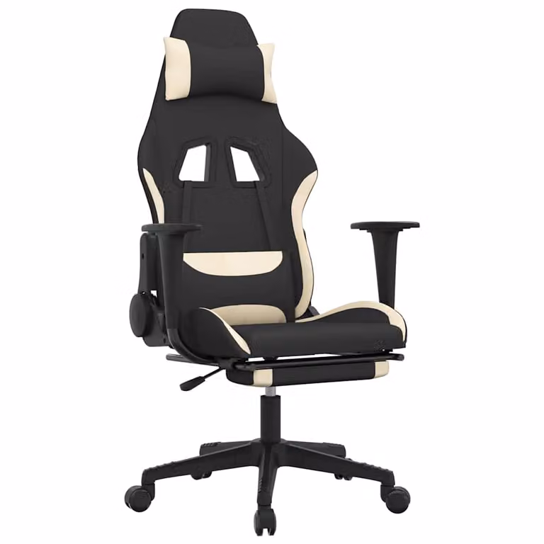 Silla gaming vidaXL con reposapiés, diseño giratorio de 360 grados y reposacabezas en tela beige y negro