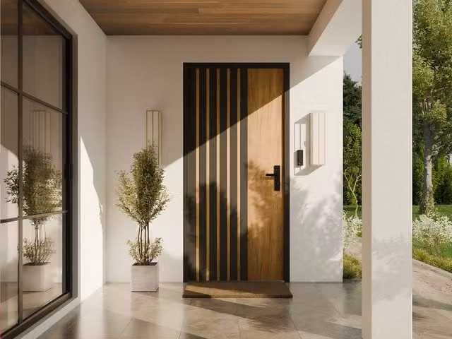 Puerta de entrada de acero maciza Cobrita con efecto roble y rayas negras, apertura hacia la izquierda, An: 100 cm, Al: 206,5 cm