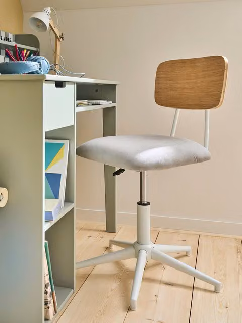 Silla de escritorio giratoria VERTBAUDET para niños en terciopelo gris con estructura de metal y madera