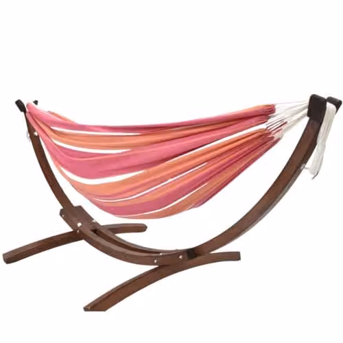 Hamaca doble de algodón Vivere con soporte de madera de pino sólida en color mimosa y rosa multicolor
