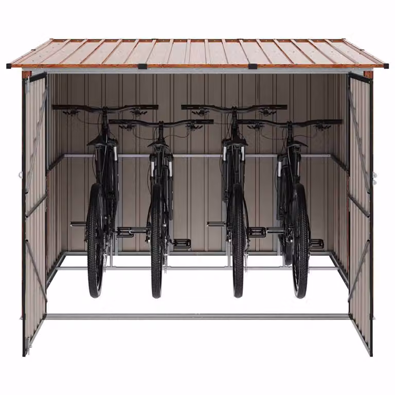 Cobertizo para bicicletas de metal vidaXL con doble puerta y cerradura, color marrón, An/P/Al: 216 x 207 x 158 cm