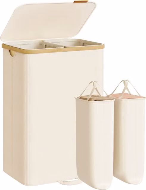 Cesto para la colada Songmics de 150 l con tapa, 2 compartimentos, marco de bambú y bolsas interiores extraíbles, color blanco crema y beige