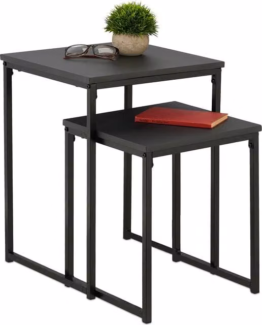 Set de 2 mesas auxiliares nido Relaxdays de metal, diseño cuadrado y apilable en color negro para salón o dormitorio