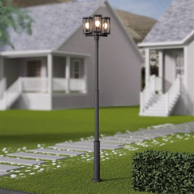 Lámpara de exterior Lucande Siveta de pie, 3 luces, color negro, IP65, atenuable, Altura: 240 cm
