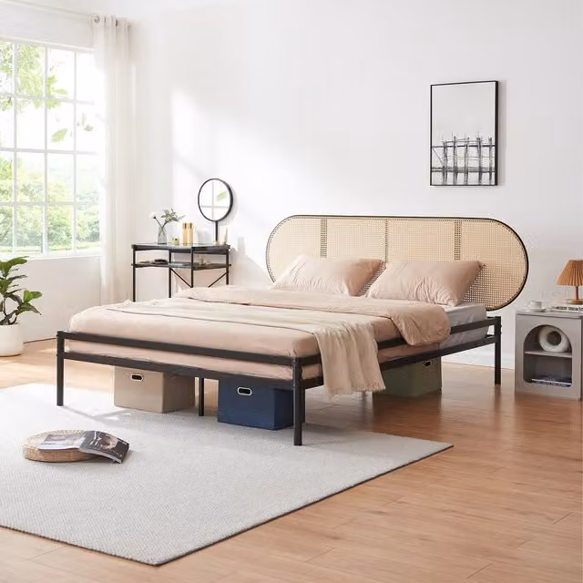 Cama metálica Linköping de en.casa con cabecero ovalado y efecto ratán en color negro mate, An/P/Al: 160 x 200 x 101,5 cm