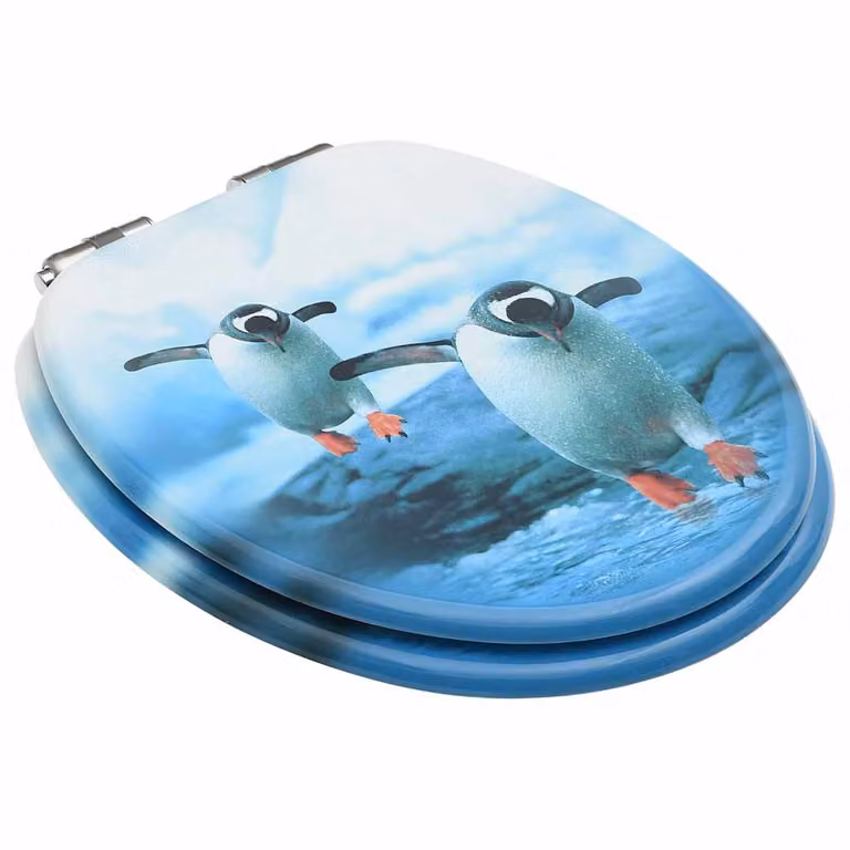 Set de 2 asientos de inodoro con tapa de cierre suave vidaXL diseño de pingüinos en MDF multicolor y forma ovalada
