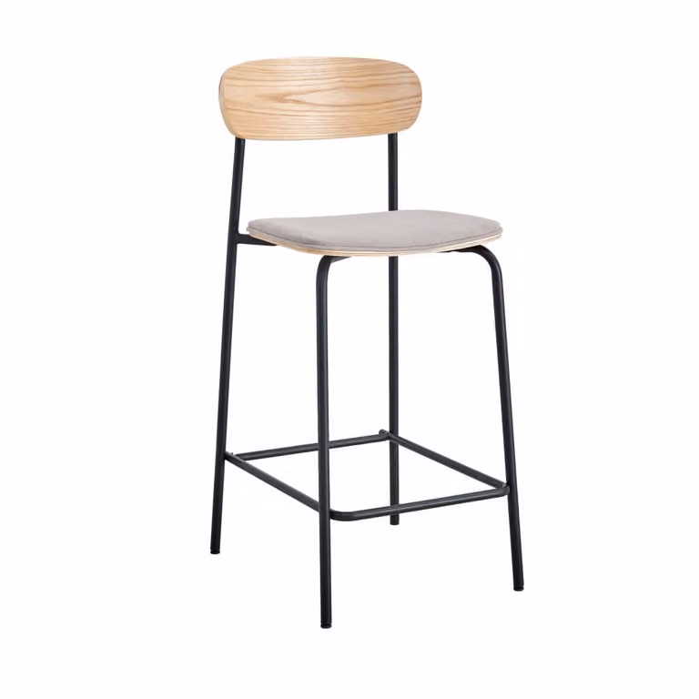 Lote de 2 sillas de bar modernas con estructura de metal y tapizado de tela en gris claro, Altura: 66 cm