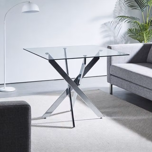 Mesa de cocina y comedor cuadrada MODFU con tablero de cristal y patas metálicas en forma de X, color plata, An/P/Al: 80 x 80 x 75 cm