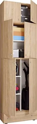Armario de limpieza y escobero VCM en madera color roble sonoma con cajón y puertas, An: 77 cm, P: 39 cm, Al: 240 cm