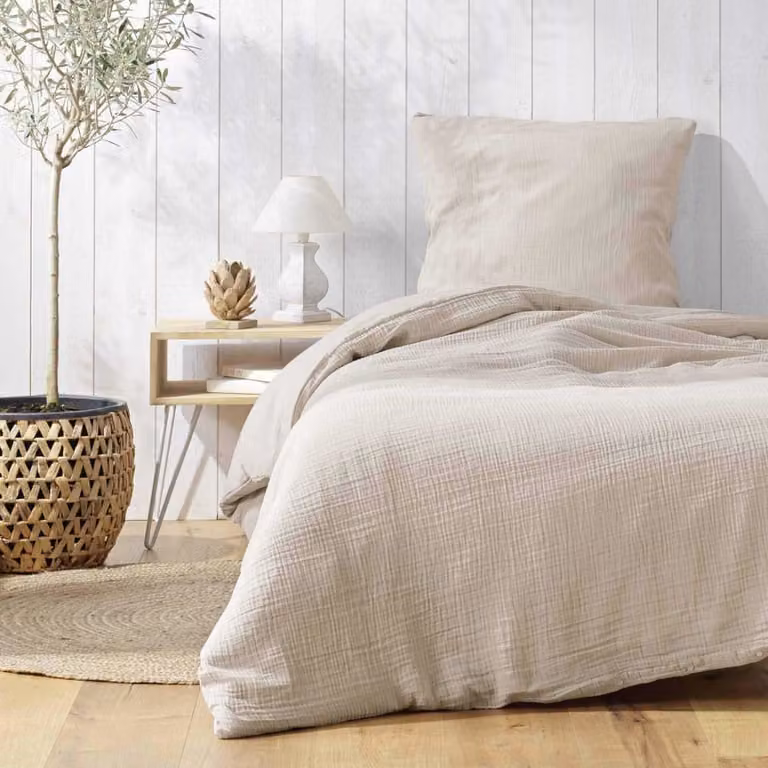 Juego de sábanas de algodón de Douceur d'Intérieur, funda nórdica y fundas de almohada, color beige, 140 x 200 cm