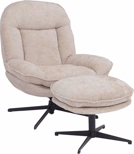 Sillón de relax Mendler HWC-P32 con taburete, giratorio 360 grados y estructura de metal, color beige