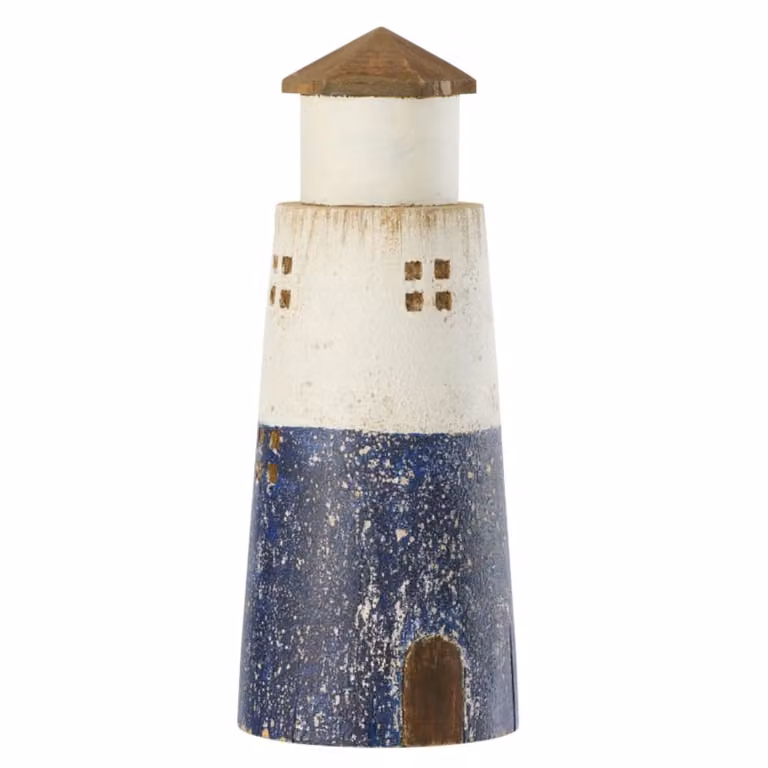 Farolillo de madera de paulownia J-line de estilo marítimo en blanco y azul, An/P/Al: 12 x 12 x 30 cm