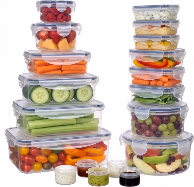 Set de 38 recipientes herméticos para alimentos con tapas de Relaxdays, transparentes, fabricados en plástico y silicona, aptos para microondas, congelador y lavavajillas
