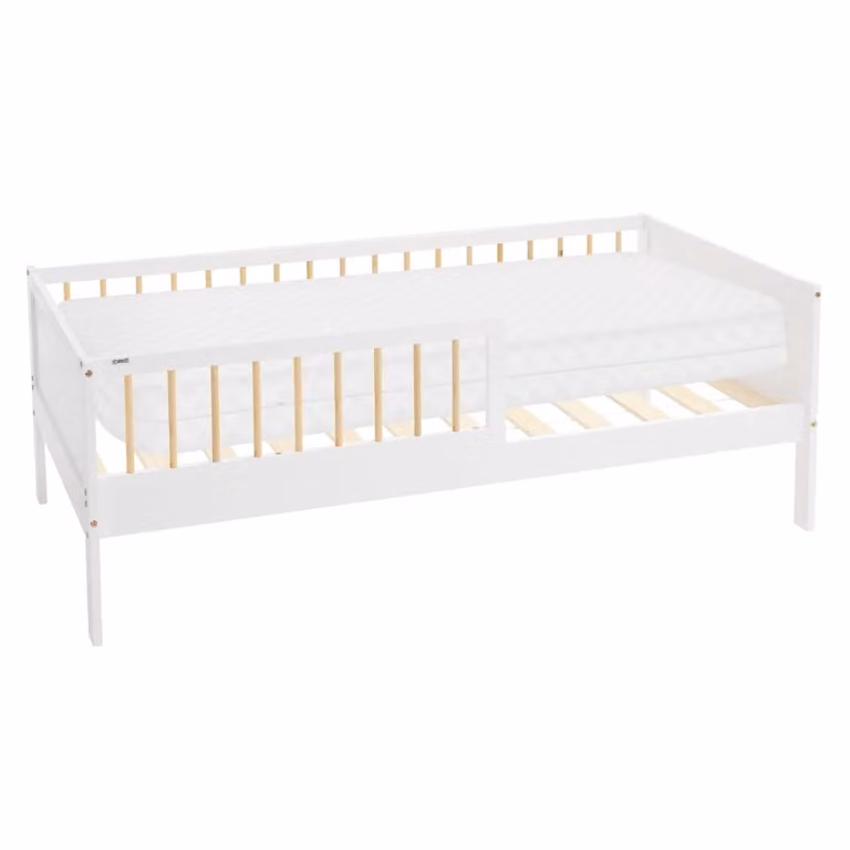 Cama infantil ML-Design de madera de pino en colores blanco y beige con colchón de espuma An/P/Al: 160 x 80 x 20 cm