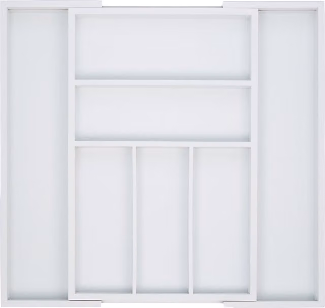 Cubertero extensible de bambú Relaxdays con 5-7 compartimentos, color blanco, An/P/Al: 48 x 46 x 5 cm