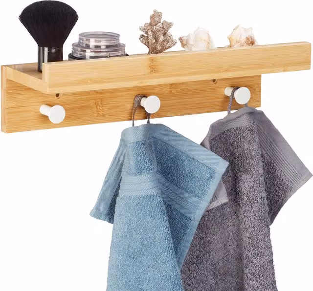 Estantería de pared de bambú relaxdays con 3 ganchos para baño o entrada, color beige, An/P/Al: 36 x 10 x 12 cm
