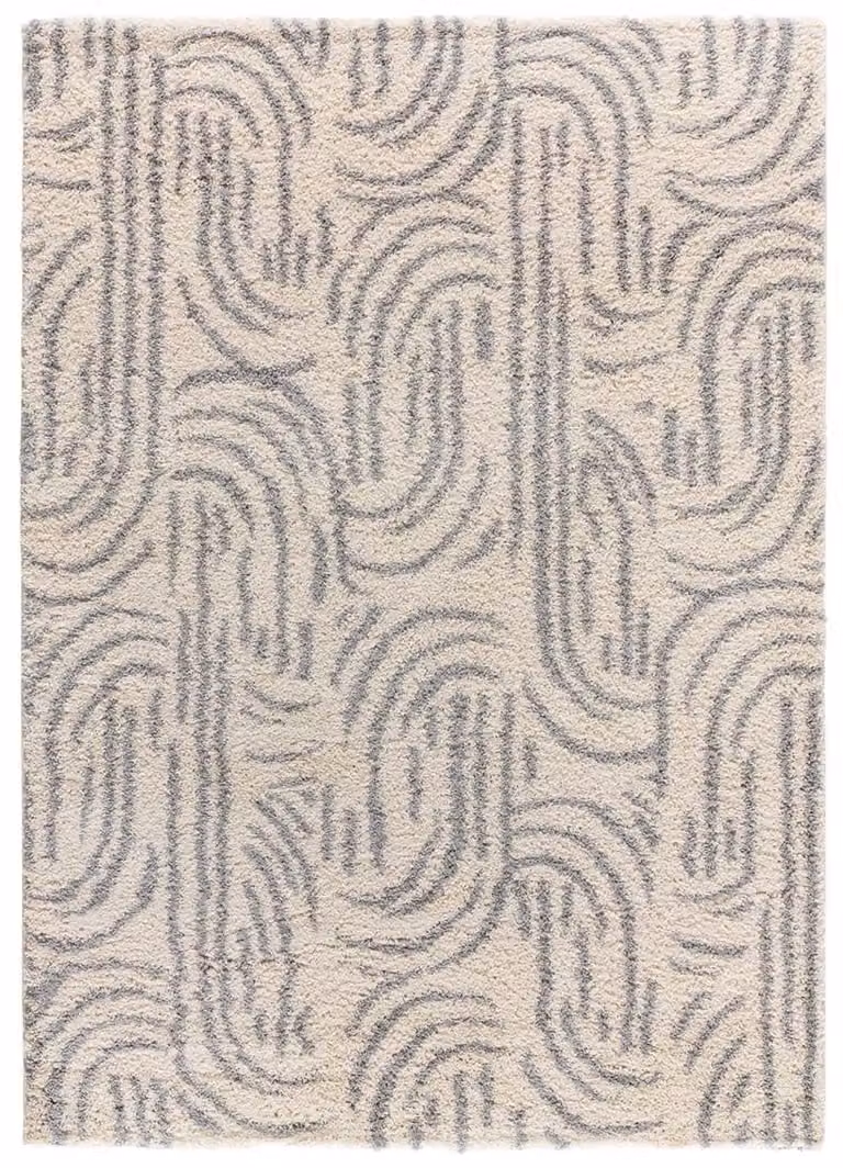 Alfombra de pelo largo Atticgo con diseño geométrico escandinavo en gris, beige y plata, An/P: 133 x 190 cm