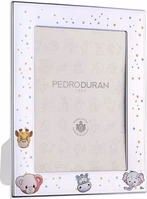 Marco de fotos Faunia de Pedro Durán, diseño abstracto multicolor en metal plateado para mesa