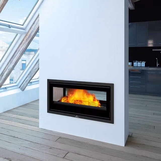 Inserto para chimenea de leña Azura Home Design Boma 90 con turbina de 13 kW en acero esmaltado negro y rojo