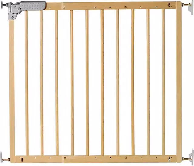 Barrera de seguridad extensible Star Stairs para puertas y escaleras de madera en color beige o marrón, Altura: 71 cm, Ancho: 75,6 - 110,4 cm
