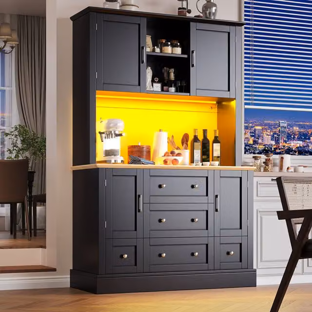 Armario columna moderno MODENVIE negro con iluminación LED integrada y puertas con cajones para salón o cocina, An/P/Al: 115 x 40 x 180 cm