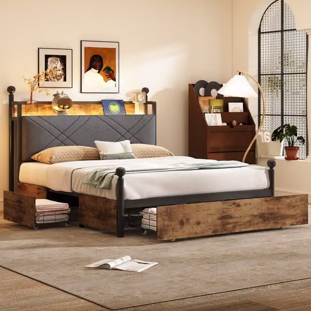 Cama Doble con Arcón MODENVIE en Negro con 3 Cajones, Puertos USB y Tipo C, Iluminación LED Regulable y Estructura de Metal y MDF, An/P/Al: 140 x 190 x 108,6 cm