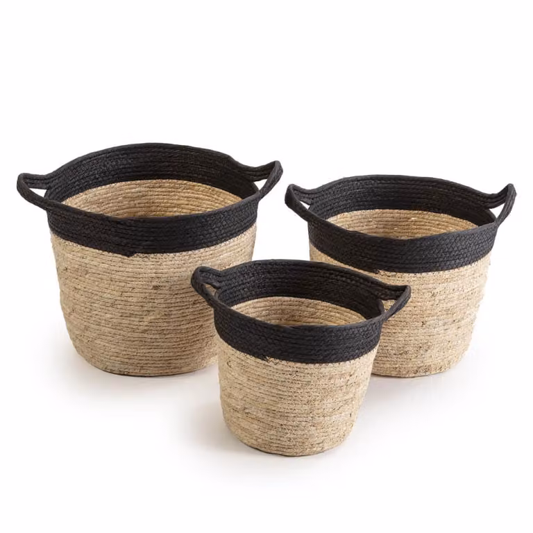 Set de 3 cestas de fibra de seagrass y textil HOMN con asas, apilables y de tejido abierto, colores negro, beige y gris