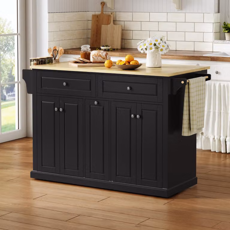 Isla de cocina OKWISH negra con encimera plegable, mesa con ruedas y estante lateral, aparador moderno de MDF y metal