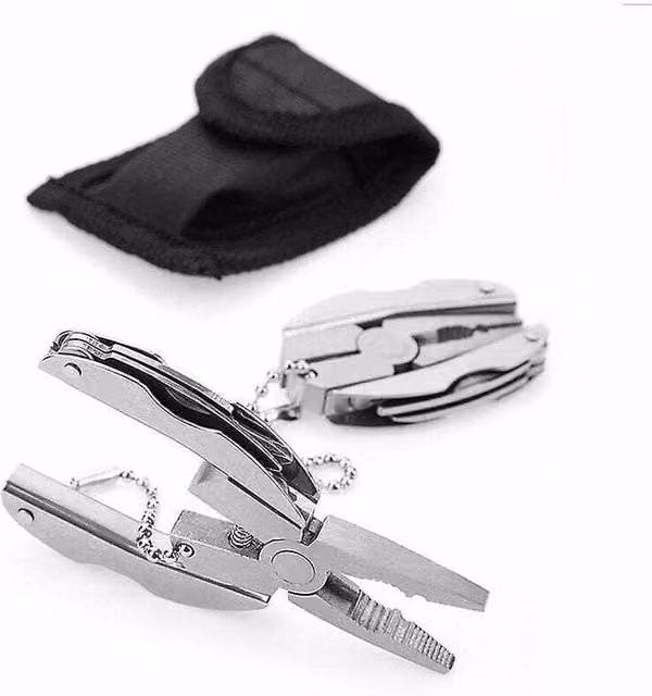 Mini Clip de Bolsillo Multifuncional XISRENS con Alicates, Cuchillo y Destornilladores en Acero Inoxidable, Color Negro y Plata para Senderismo y Acampada