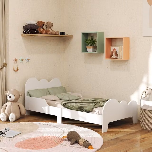 Cama infantil AIYAPLAY a ras de suelo con barandilla de seguridad y somier de láminas, color blanco, An/P: 140 x 70 cm