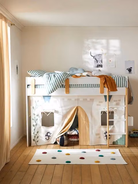 Cama mezzanine de media altura LÍNEA EVEREST de VERTBAUDET en blanco y madera para niños con zona de juegos, An/P/Al: 194 x 96 x 135 cm