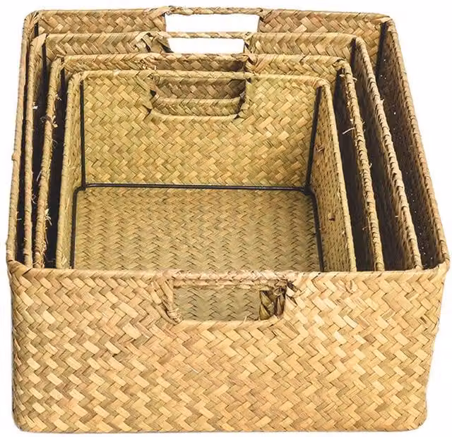 Cesta de almacenamiento artesanal Infinite de algas marinas con asas, color marrón, multifuncional para cocina, dormitorio u oficina, An/P/Al: 30 x 10 x 20 cm