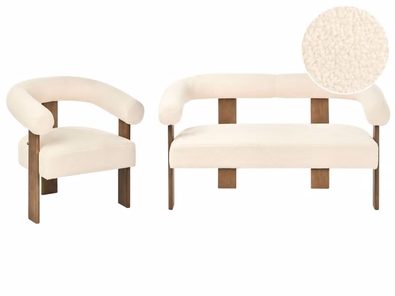 Conjunto de sofás Beliani de estilo moderno con tapizado de tejido boucle blanco y estructura de madera para salón