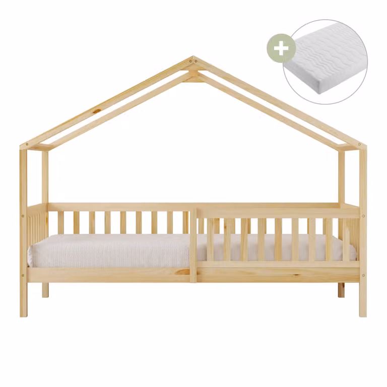 Cama cabaña Sunny de madera de pino con colchón híbrido para niños, An/P/Al: 90 x 200 x 120 cm
