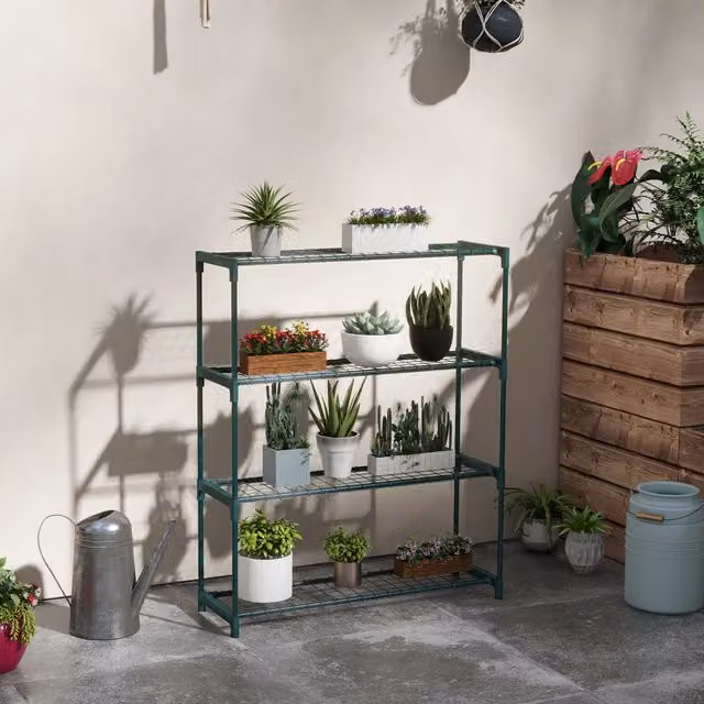 Estantería para plantas Outsunny de metal en color verde oscuro mate, An/P/Al: 89 x 28 x 107 cm