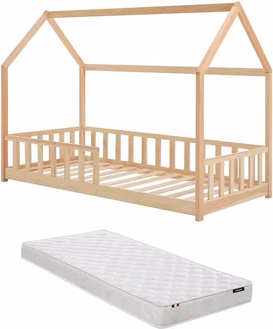 Cama cabaña de madera de pino natural Martevi con colchón de espuma, estilo escandinavo, An/P/Al: 90 x 190 x 145 cm