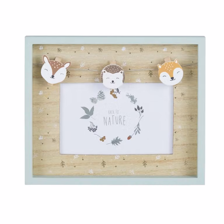Marco de fotos de madera con motivos de animales de Maisons du Monde en verde salvia, beige y naranja, rectangular, 14 x 9 cm