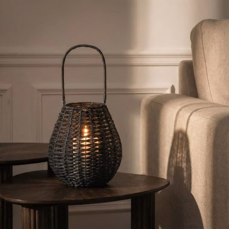 Farol de ratán Sia Deco para mesa en color marrón y negro con estructura de hierro y cristal, Altura: 48 cm